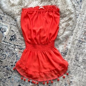 Orange Strapless Dress with Pom Pom Hem